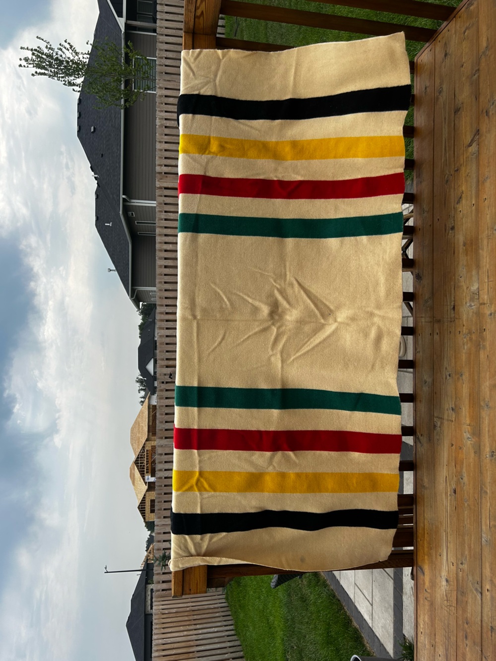 Pendleton Cream Wool Blanket with Red, Yellow, Green & Black Stripes